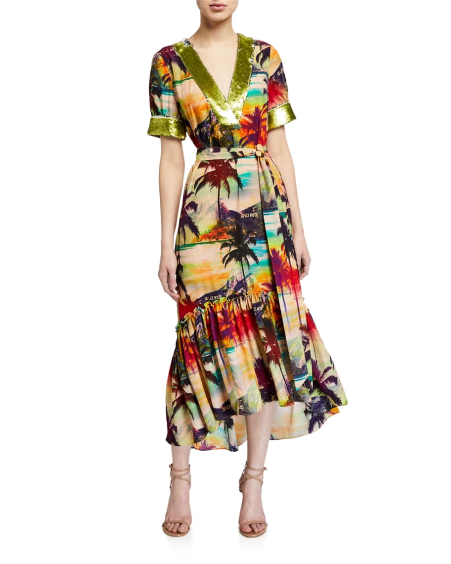 Le Superbe Beachwood Canyon Dress Printed Dress w/ Sequins | Neiman Marcus