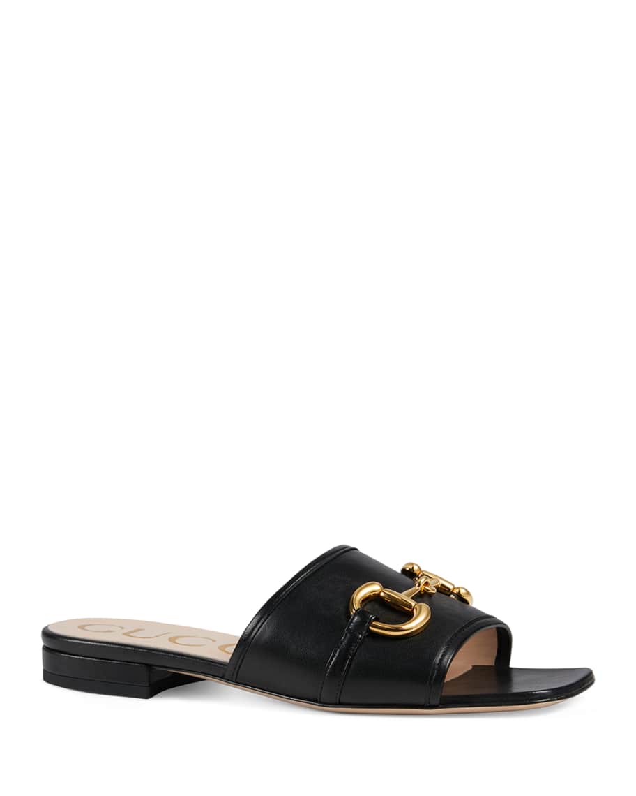 Gucci Deva Leather Slide Sandals With Horsebit | Neiman Marcus