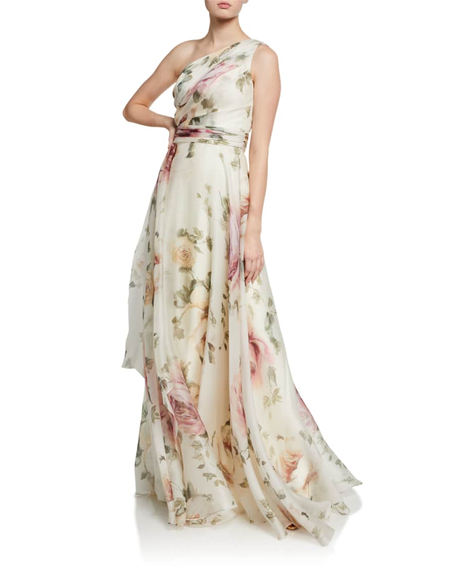 Theia Couture One-Shoulder Floral Organza Gown | Neiman Marcus