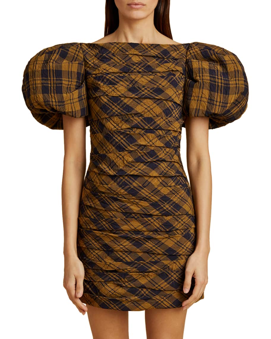 Khaite Shelly Plaid Puff Sleeve Dress Neiman Marcus