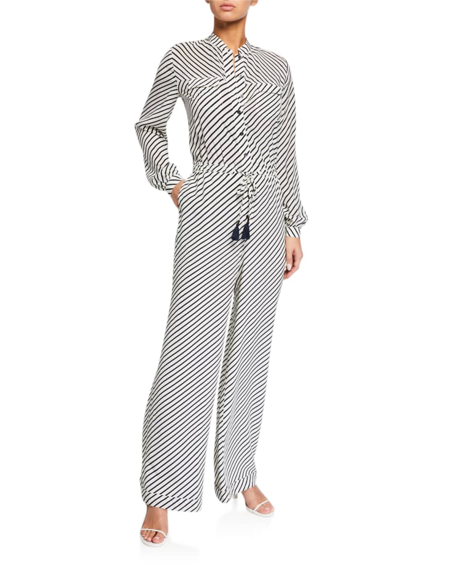 Tory Burch Striped Long-Sleeve Silk Jumpsuit | Neiman Marcus