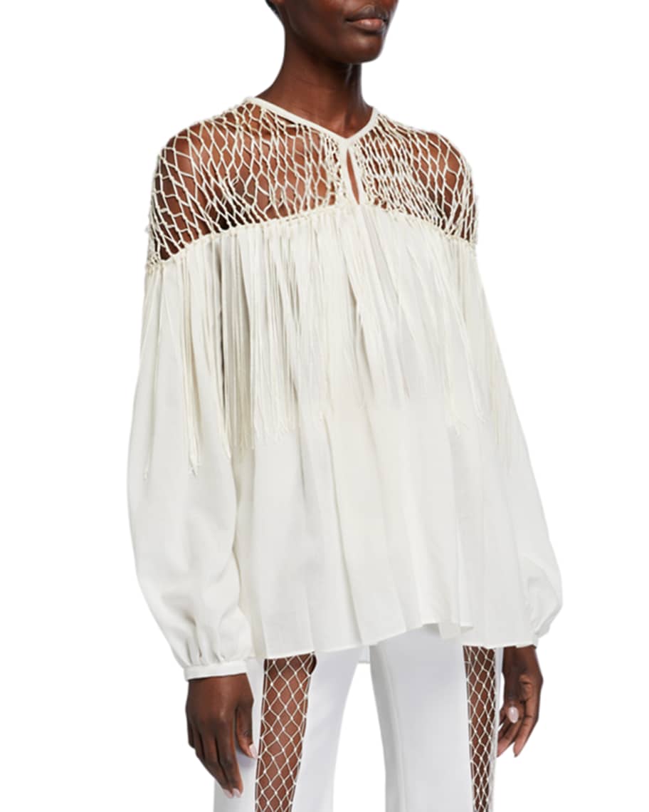 Gabriela Hearst Aglaia Long-Sleeve Blouse with Silk Macrame | Neiman Marcus