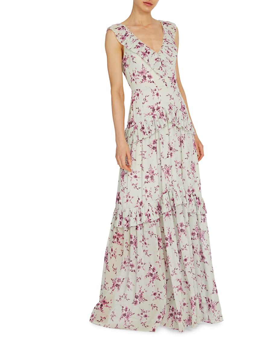 ML Monique Lhuillier Floral Print V-Neck Tiered Ruffle Gown | Neiman Marcus