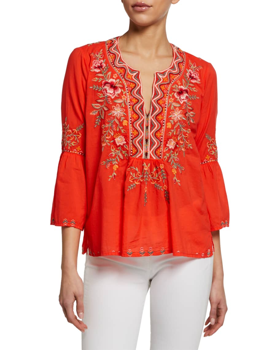 Johnny Was Alise Embroidered Flare-Sleeve Boho Blouse | Neiman Marcus