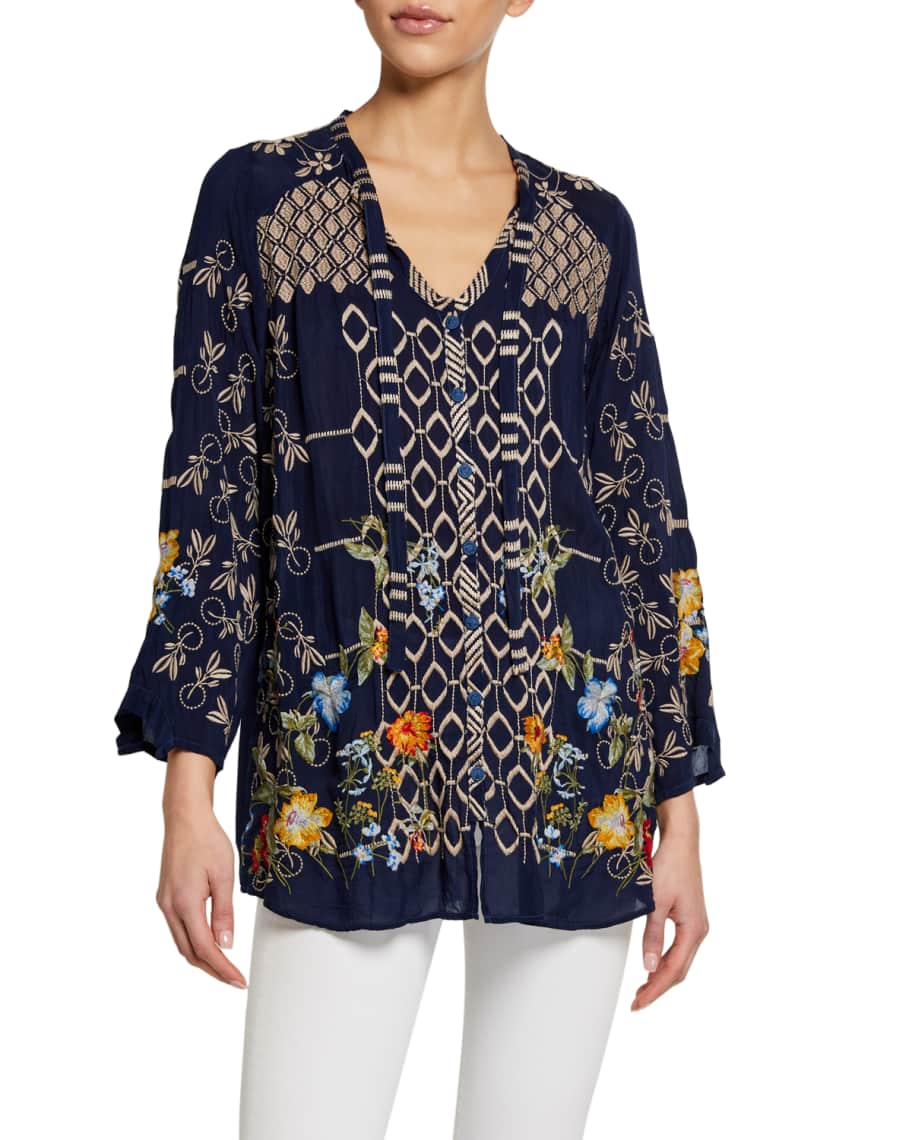 Johnny Was Luca Embroidered Long Sleeve Button Front Blouse