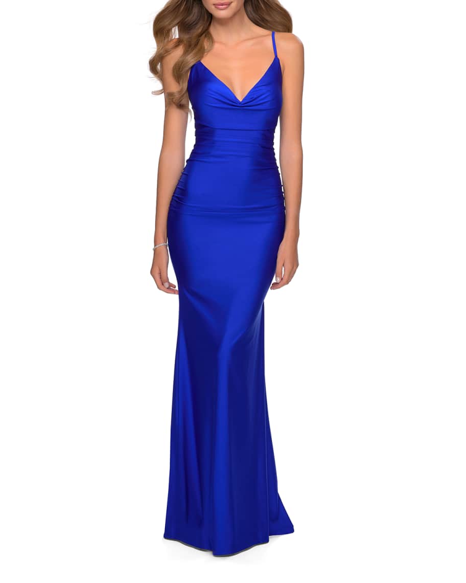 La Femme V-Neck Ruched Jersey Gown w/ Lace-Up Back | Neiman Marcus