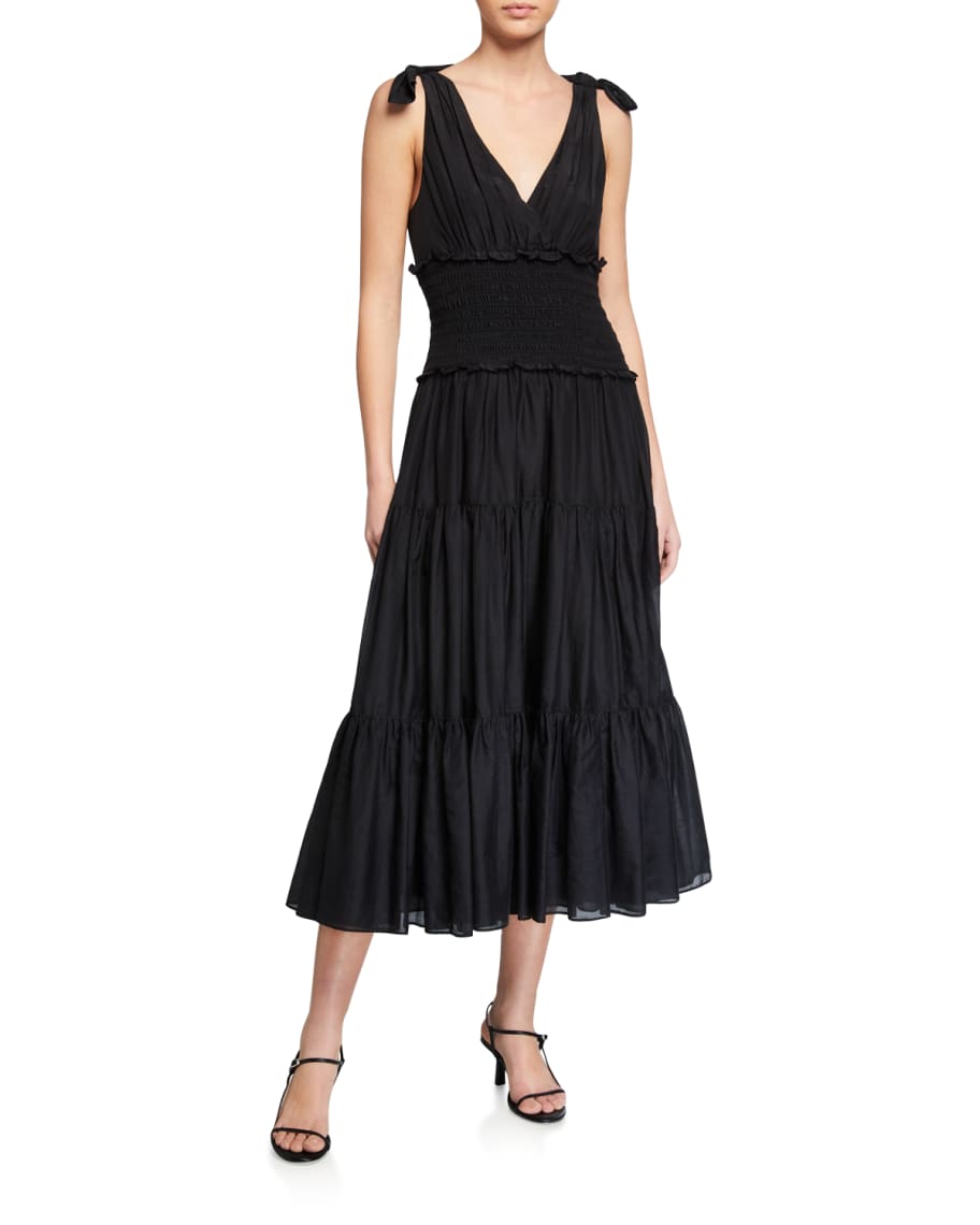 Cinq a Sept Tamar Smocked Tiered Midi Dress | Neiman Marcus