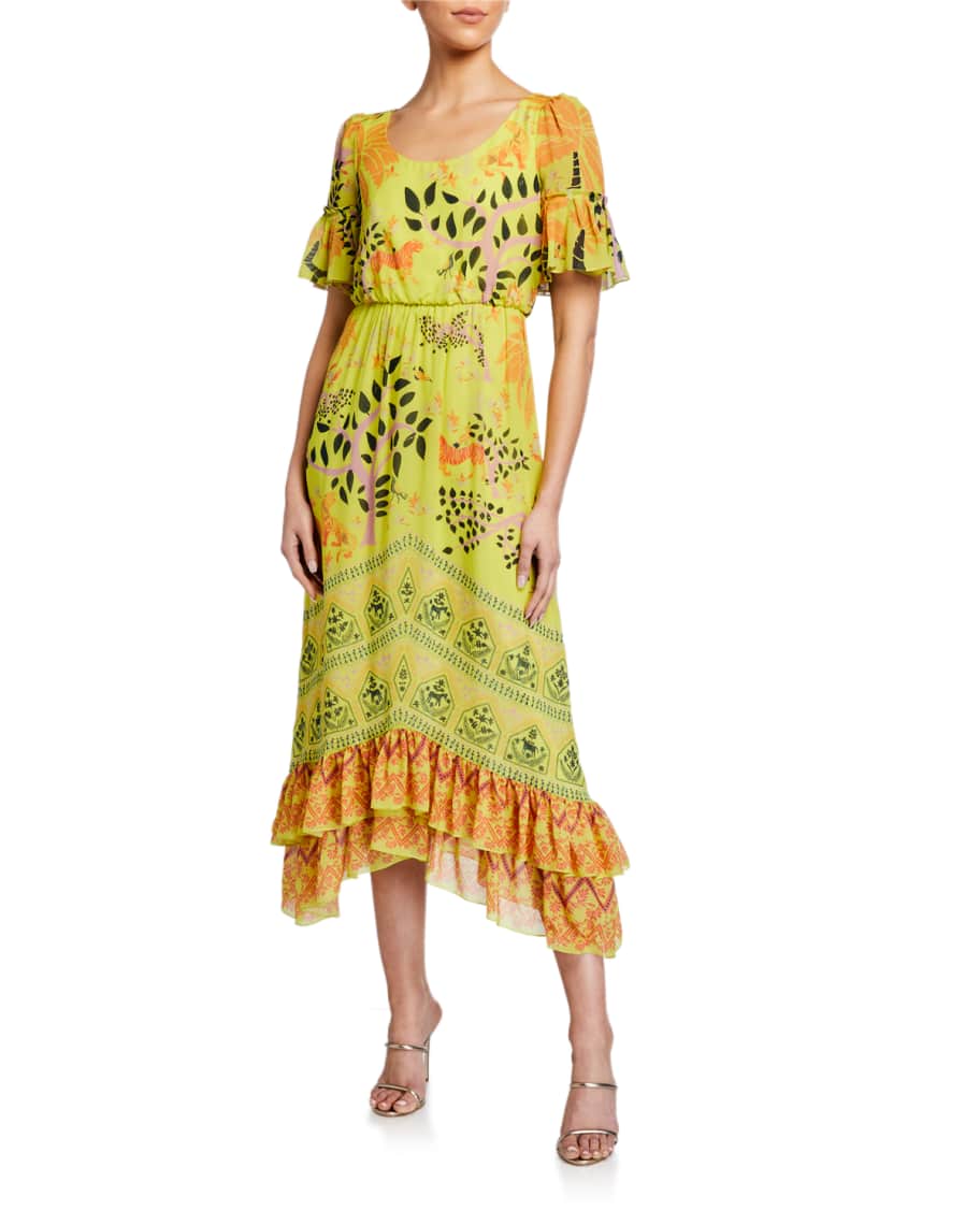 Saloni Pippa Printed Scoop-Neck Ruffle Dress | Neiman Marcus