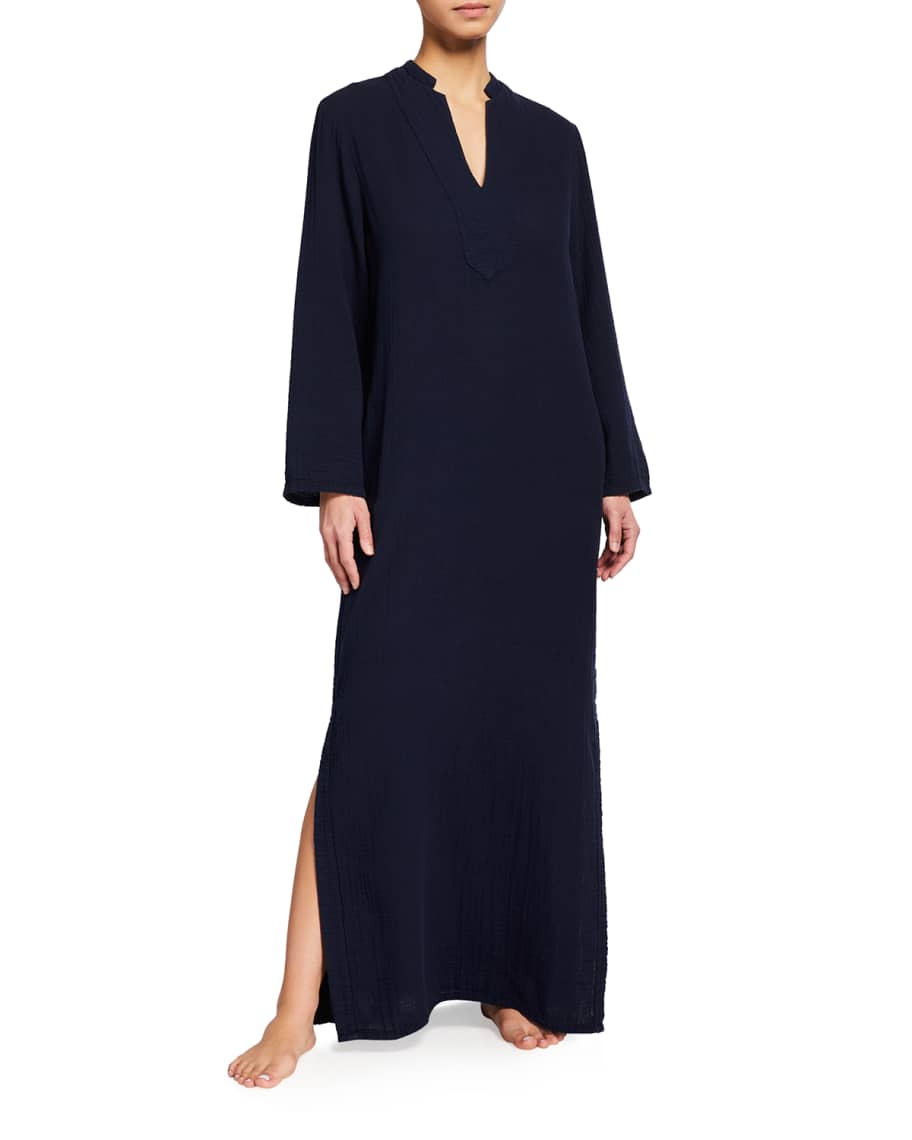 ocean + main Mandarin-Collar Gauze Tunic Caftan | Neiman Marcus