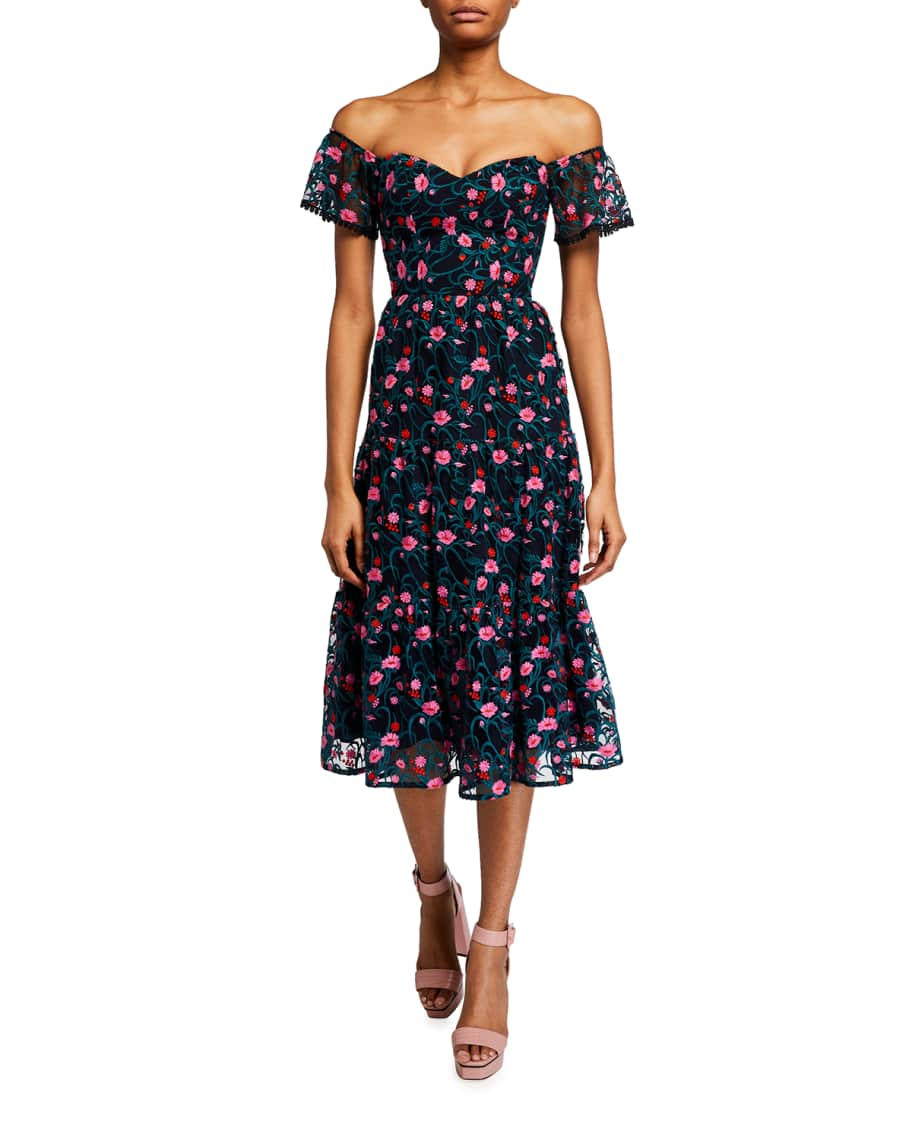 Dress The Population River Off-the-Shoulder Floral Embroidered Midi ...