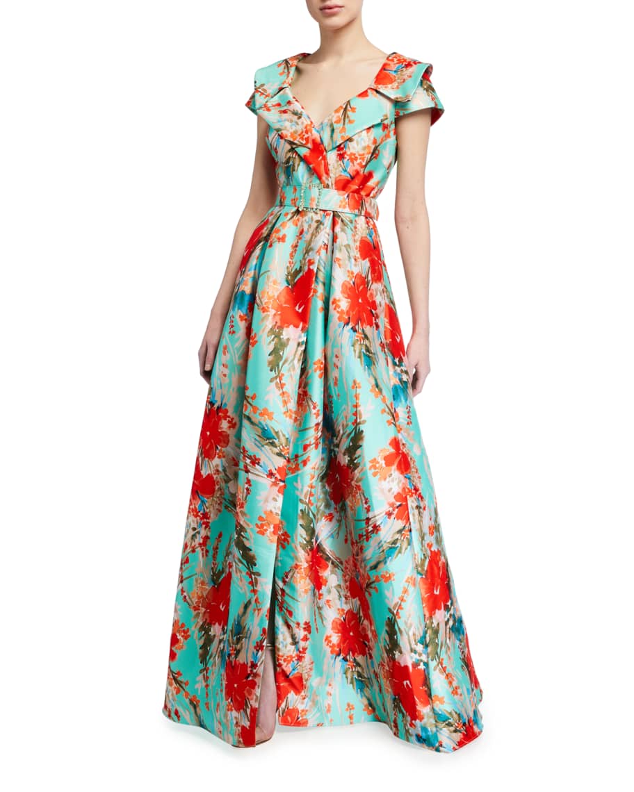 Badgley Mischka Collection Floral Print Cap-Sleeve Belted Shirt Dress ...
