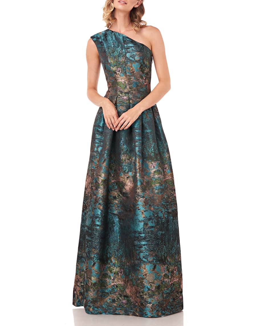Kay Unger New York Cara Abstract Jacquard One-Shoulder Gown | Neiman Marcus