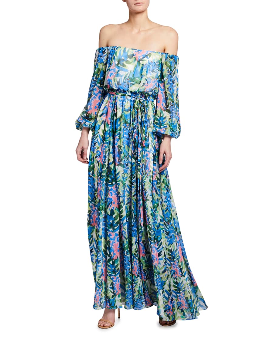 Badgley Mischka Collection Floral Print Off-the-Shoulder Chiffon Gown ...