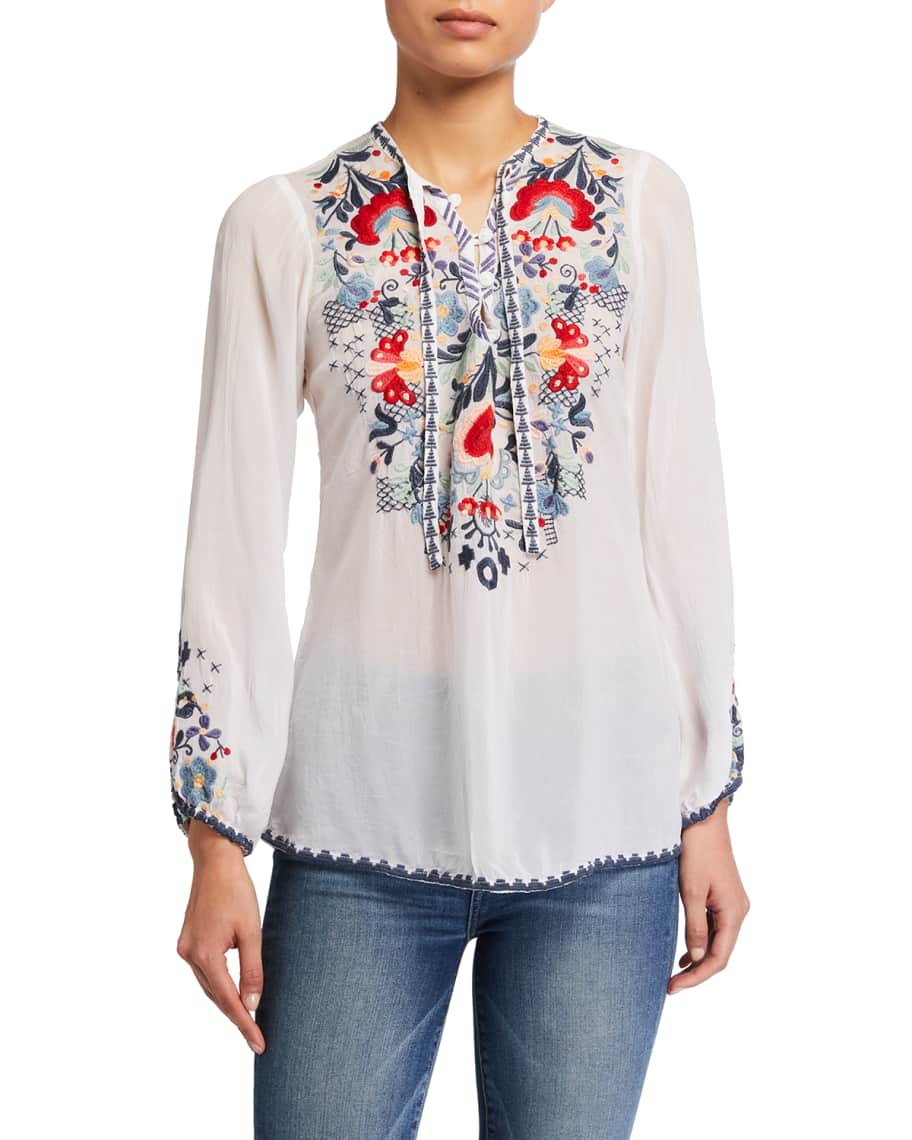 Johnny Was Plus Size Bisma Tie-Neck Embroidered Blouse | Neiman Marcus