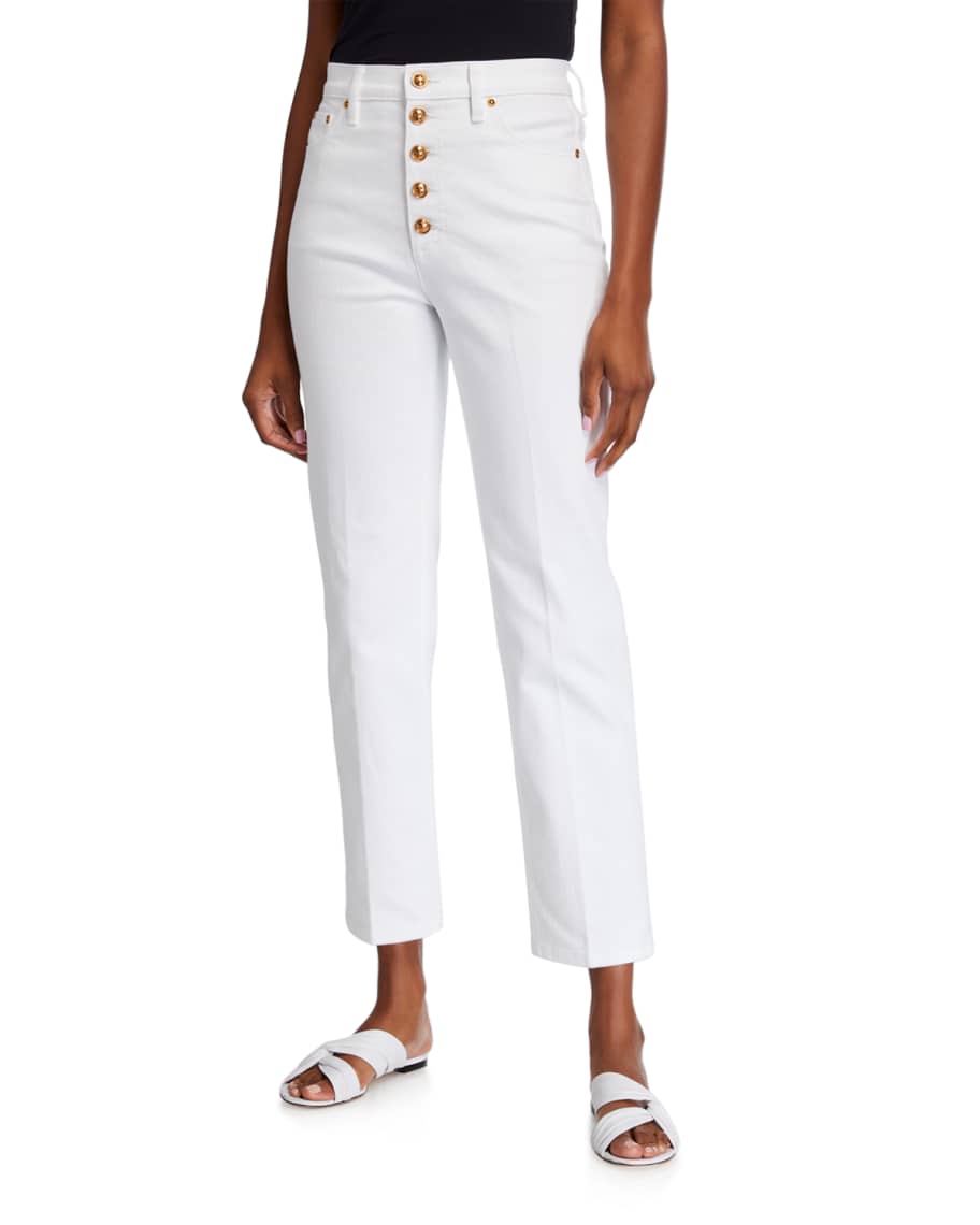 Tory Burch Button-Fly Cropped Denim Pants | Neiman Marcus