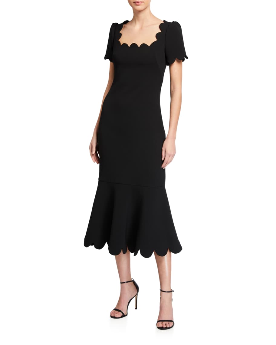 Shoshanna Mirandela Scallop Edge Midnight Stretch Crepe Midi Dress