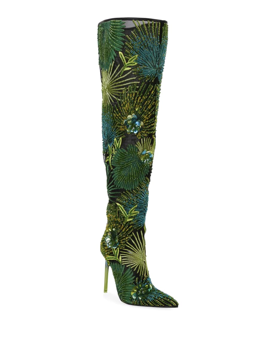 Versace 110mm Embroidered Bead Jungle Over-the-Knee Boots | Neiman Marcus