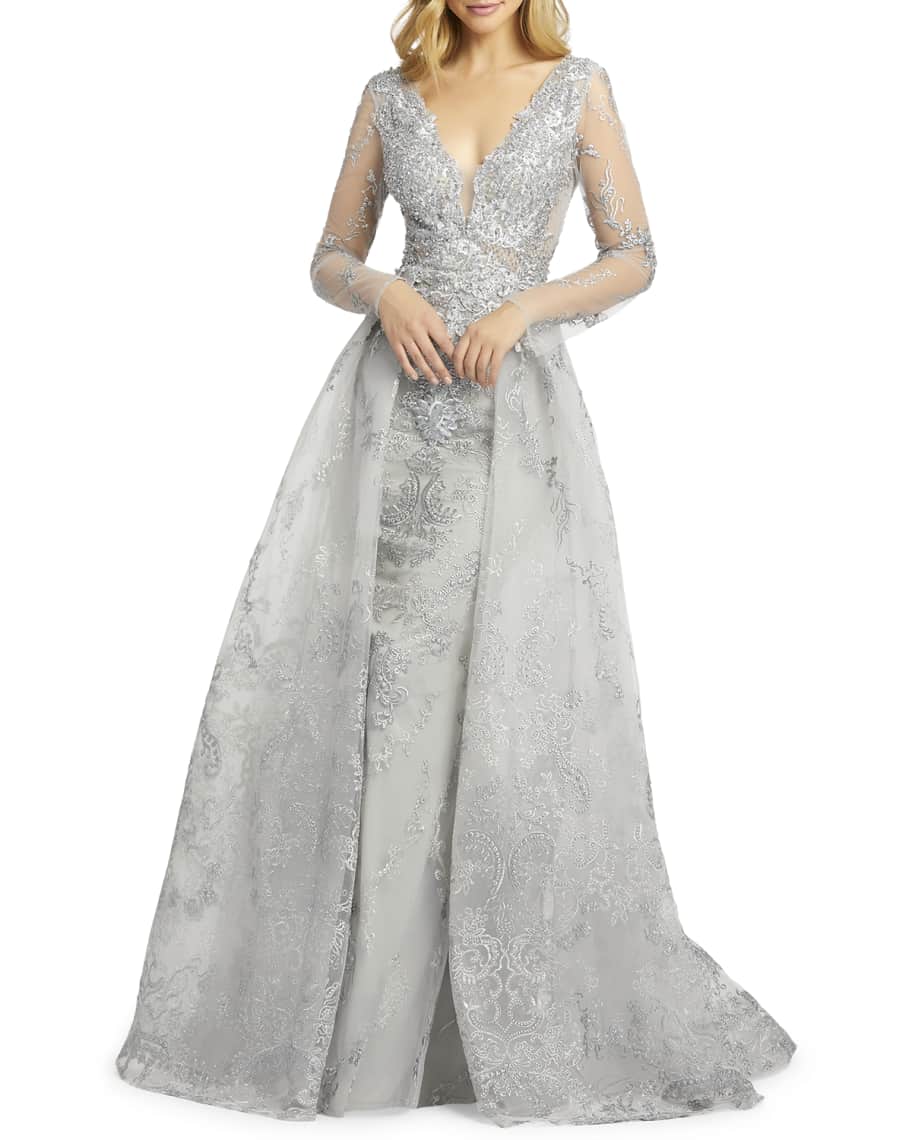 Mac Duggal Embroidered LongSleeve Illusion Column Gown w/ Overskirt
