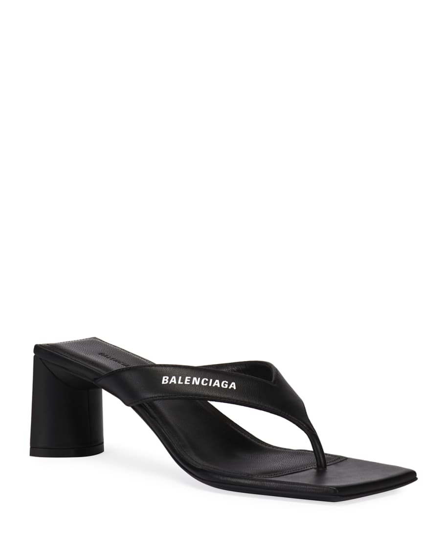 Balenciaga Double Square Block Heel Leather Thong Sandals Neiman