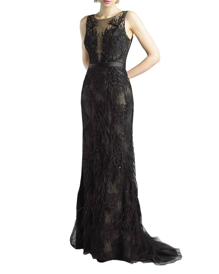 basix feather embellished gown
