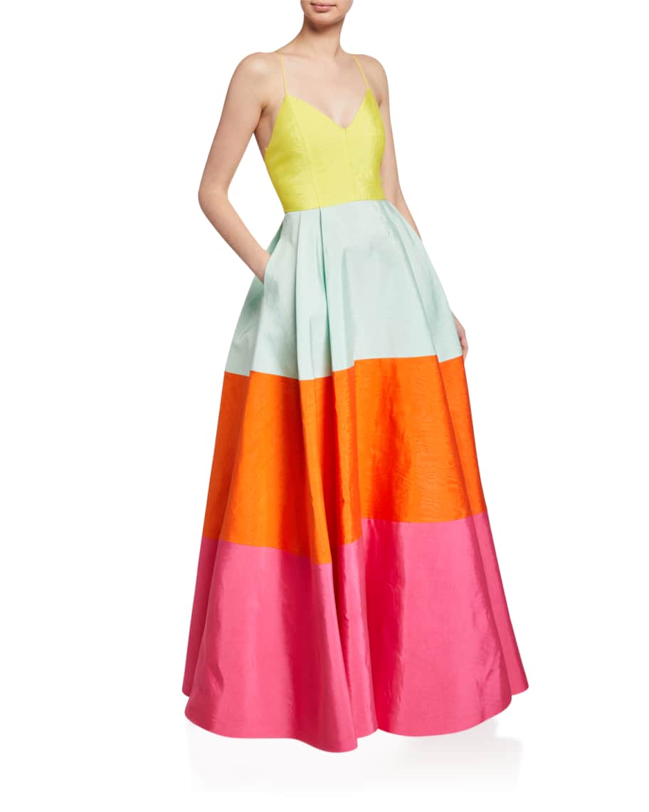 Alice + Olivia Lavelle Colorblock Deep-Pleated Gown | Neiman Marcus