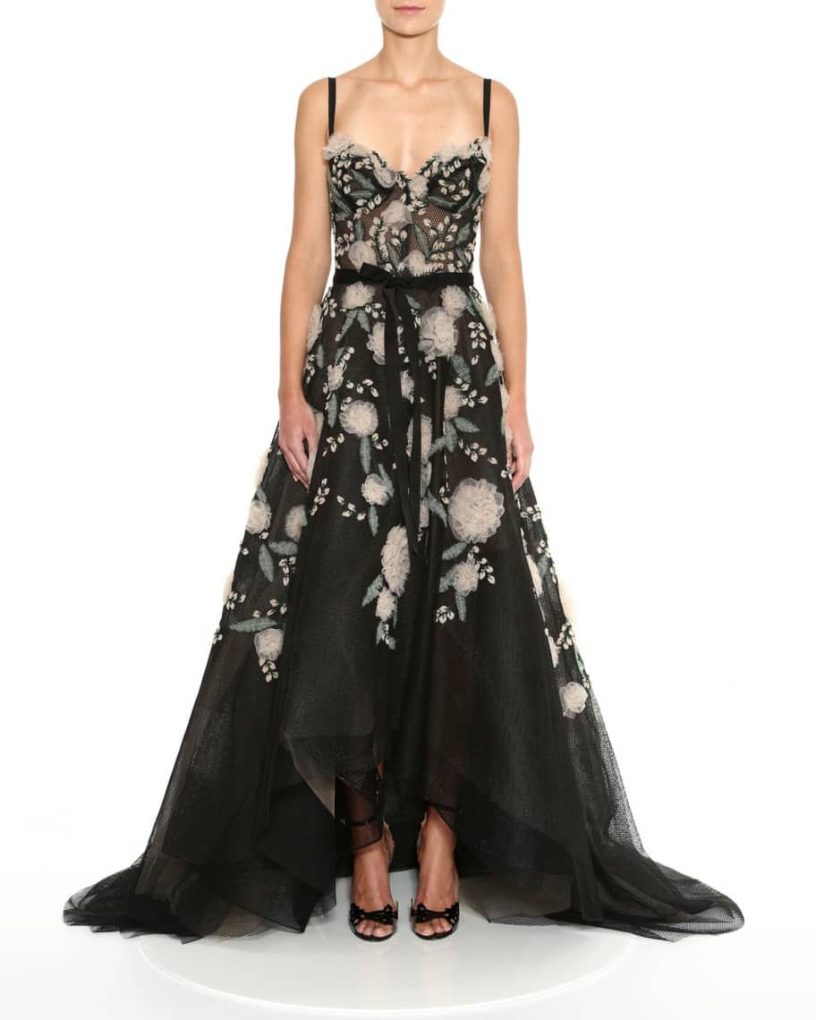 Marchesa Fishnet Embroidered High-Low Gown | Neiman Marcus