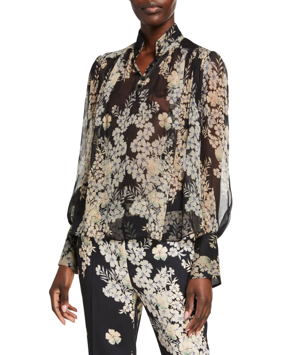 Etro Floating Flowers High-Neck Peasant Blouse | Neiman Marcus