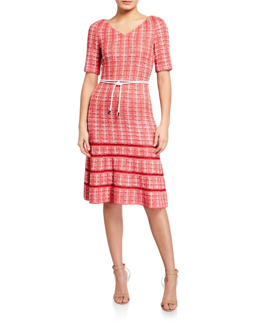 Image 3 of 3: Bold Vertical Tweed Knit V-Neck Dress