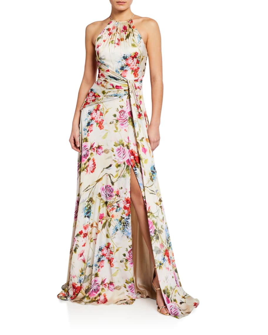 Theia Rose Printed Charmeuse Halter Gown | Neiman Marcus