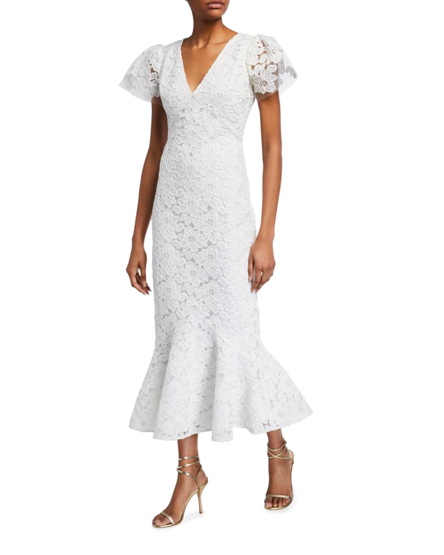 Shoshanna Cereza Floral Embroidered Tulle Midi Dress | Neiman Marcus