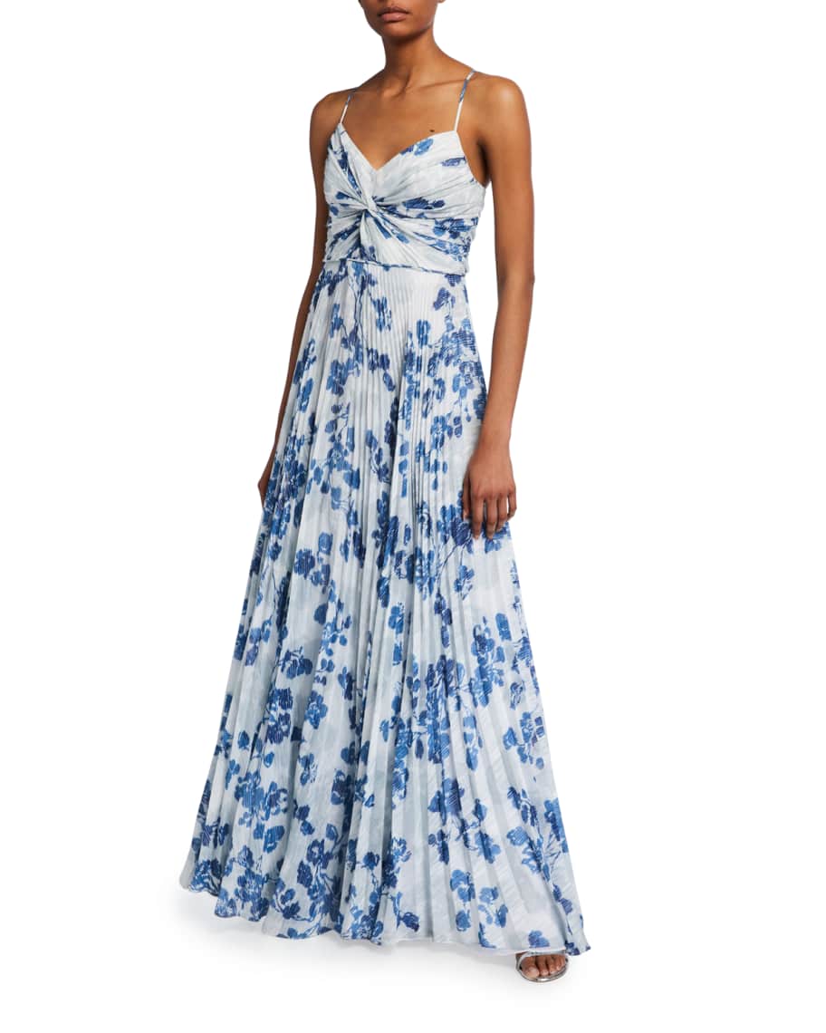 Shoshanna Girona Evening Shadow Floral Pleated Dress | Neiman Marcus