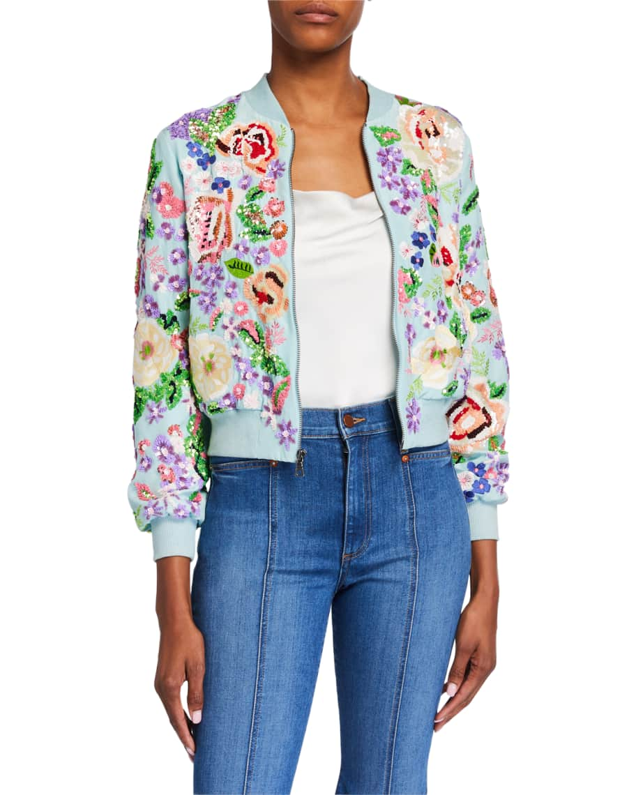 Alice + Olivia Lonnie Embroidered Cropped Bomber Jacket | Neiman Marcus