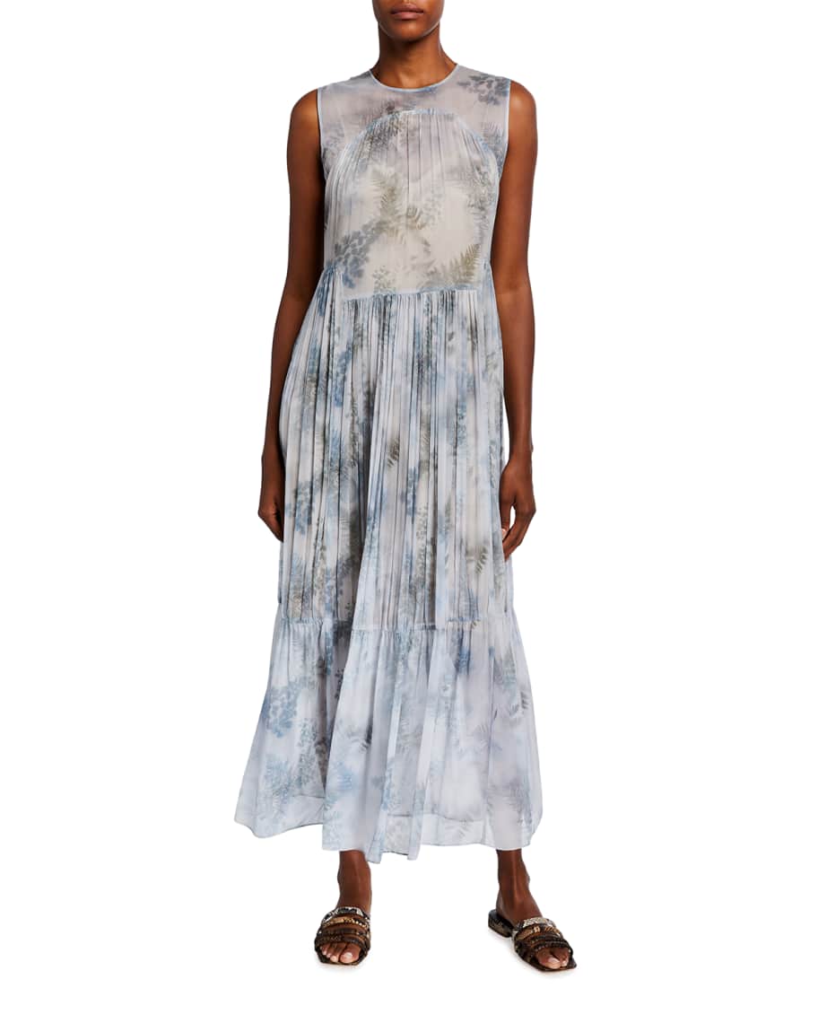 Vince Fern Botanical Shirred Silk Dress | Neiman Marcus