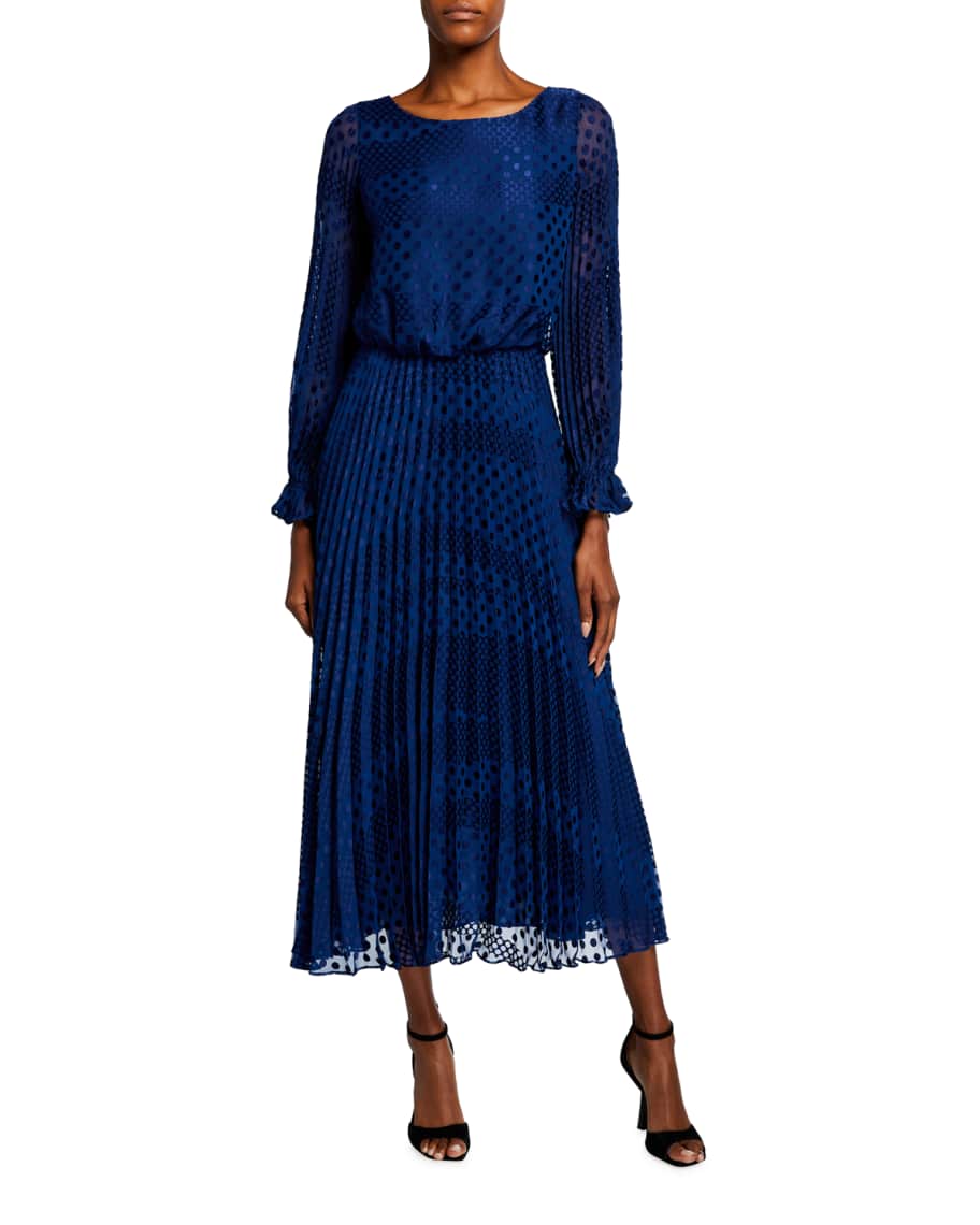 Image 1 of 2: Devore Dot Long-Sleeve Pleated Skirt Dress