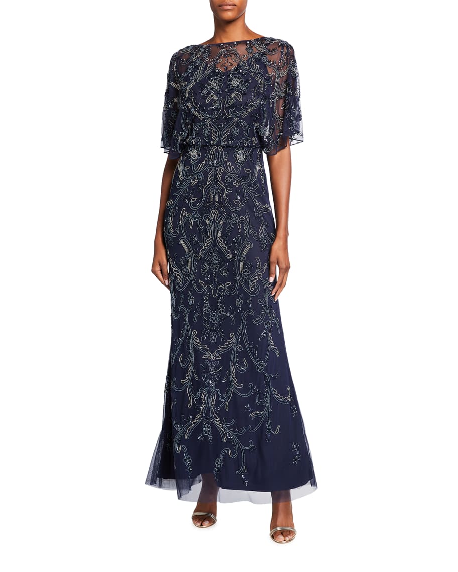 Aidan Mattox Fully Beaded Flutter-Sleeve Blouson Gown | Neiman Marcus