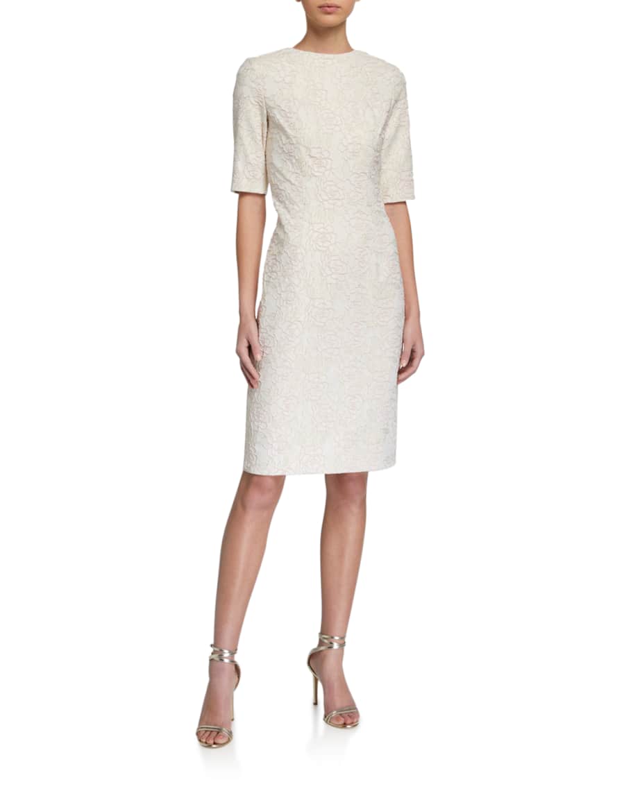 Image 1 of 2: Elbow-Sleeve Stretch Jacquard Sheath Dress