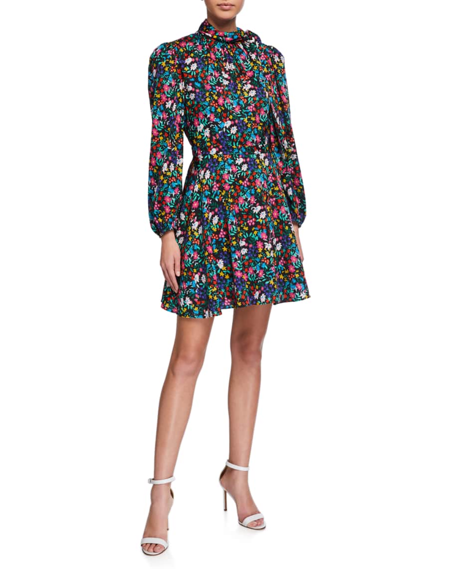 Milly Adele Garden Floral Print Tie-Neck Stretch Silk Dress | Neiman Marcus