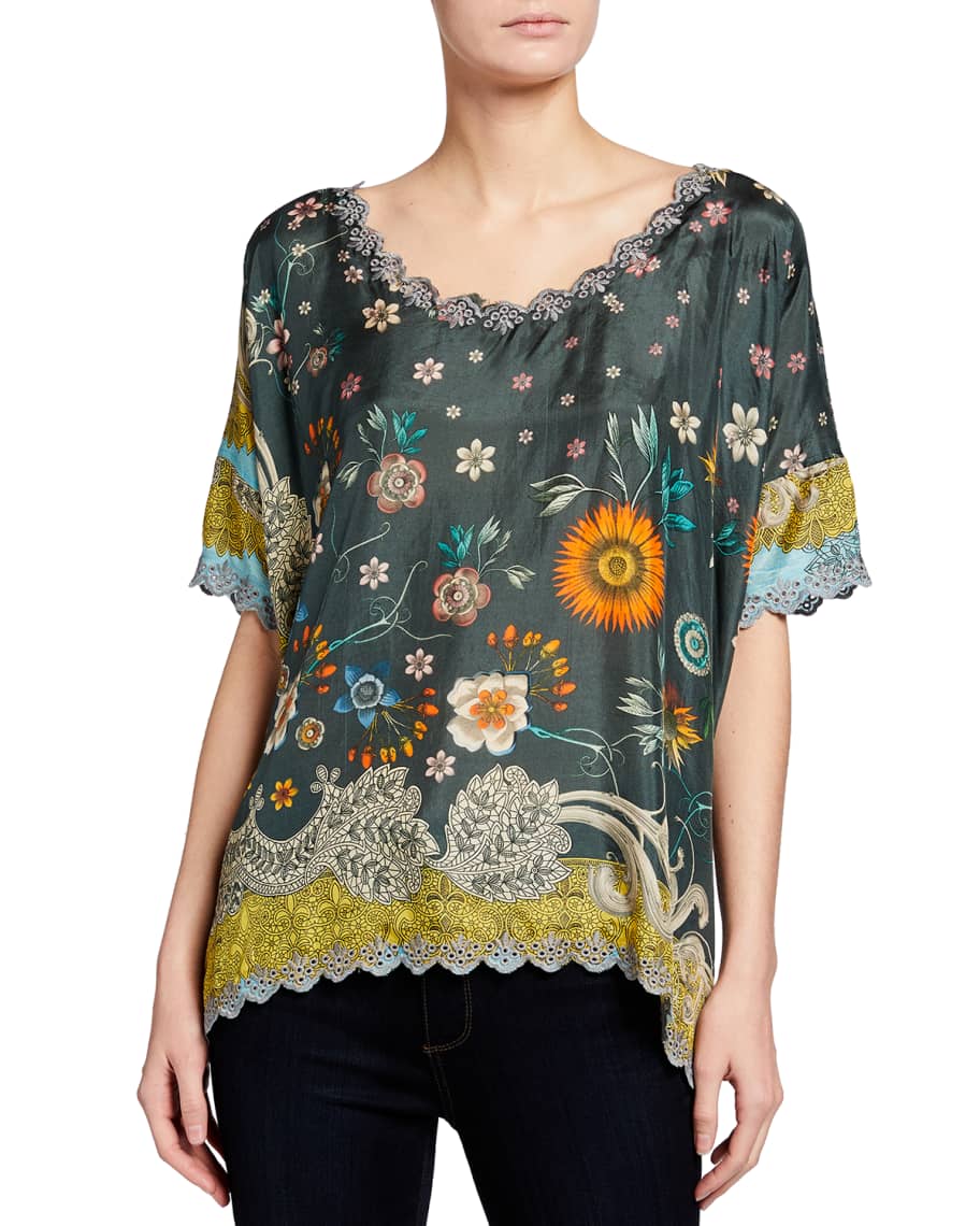 Johnny Was Plus Size Adalee Floral Print Silk Blouse | Neiman Marcus