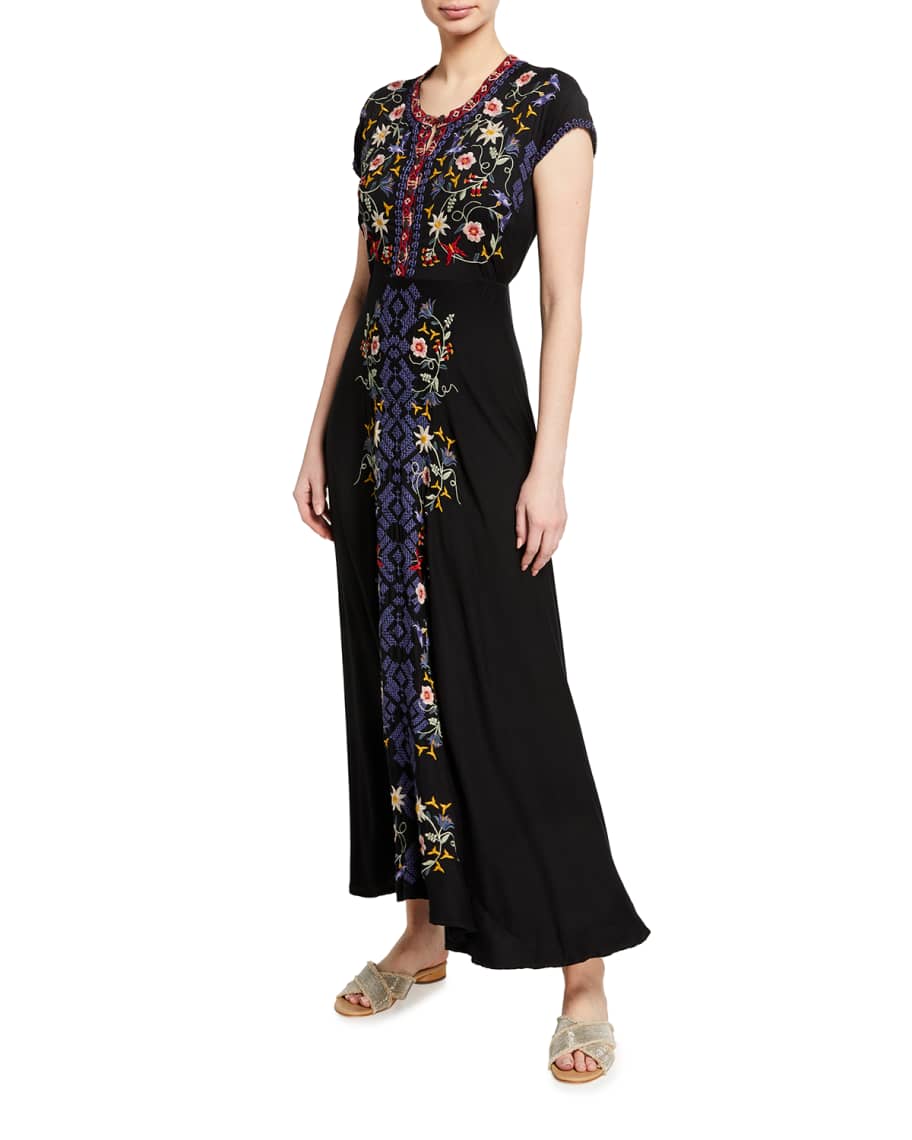 Johnny Was Mariposa Embroidered Stretch Challis Long Dress | Neiman Marcus
