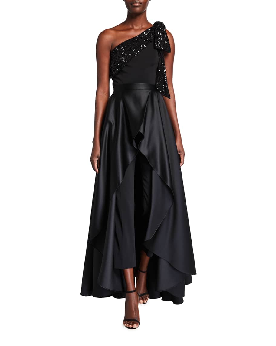 Jay Godfrey Gavin Sequin Trim Bow Shoulder Jumpsuit w Overskirt Neiman Marcus