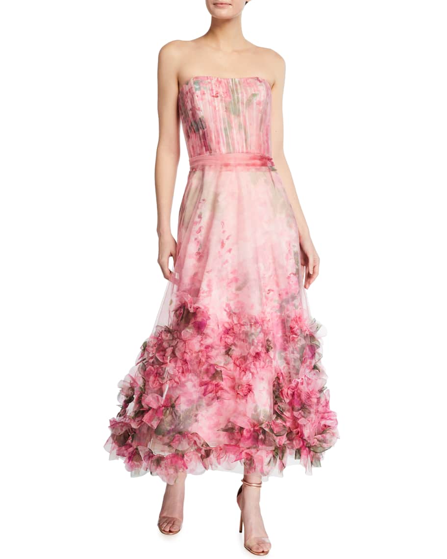 Marchesa Notte Strapless Watercolor Printed Textured Tulle A-Line Dress ...