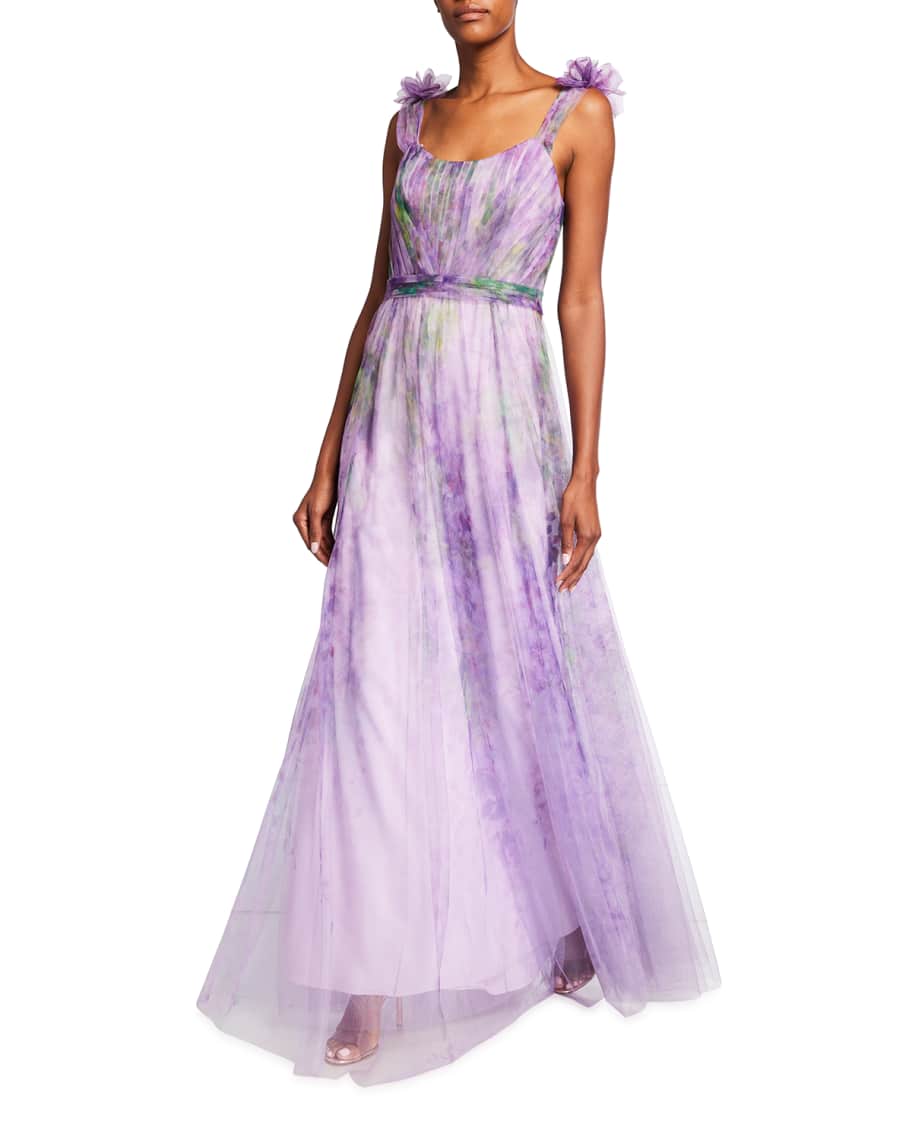 Marchesa Notte Watercolor Printed Tulle Gown with Draped Bodice