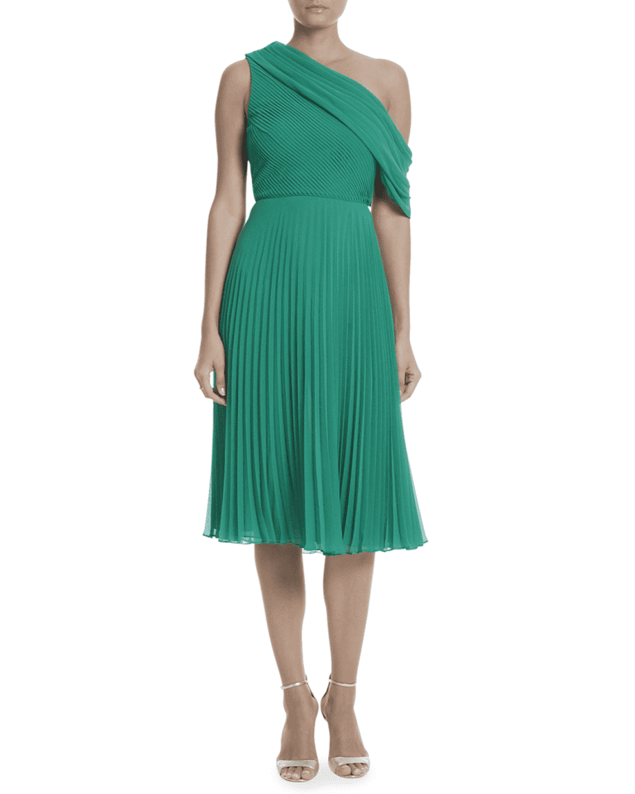 Badgley Mischka Collection Pleated One-Shoulder Dress | Neiman Marcus