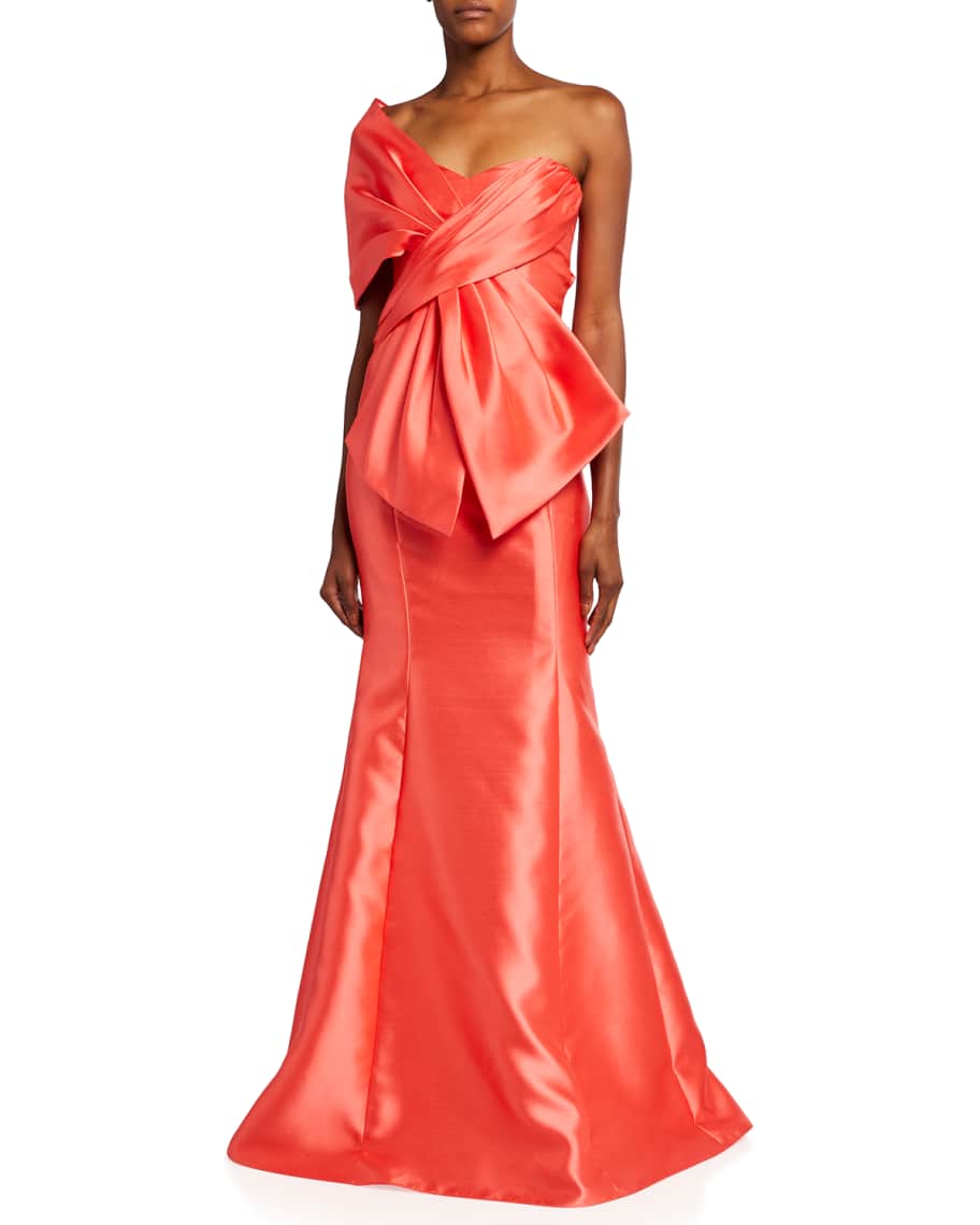 Badgley Mischka Collection Wrap Top Trumpet Gown with Bow Detail ...