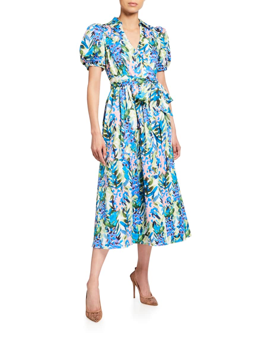 Badgley Mischka Collection Stripe Floral Puff-Sleeve Belted Midi Dress ...