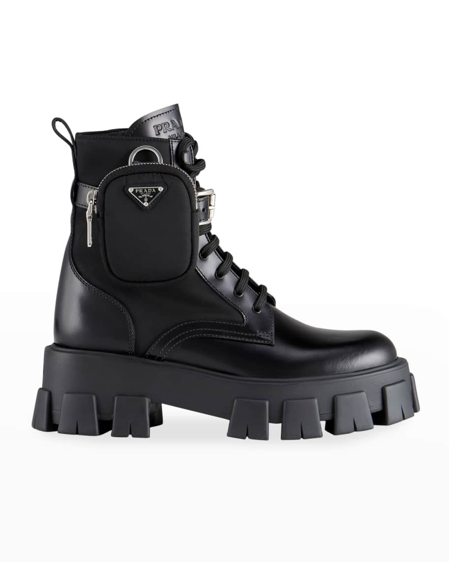 Prada Leather Zip Pocket Combat Booties | Neiman Marcus