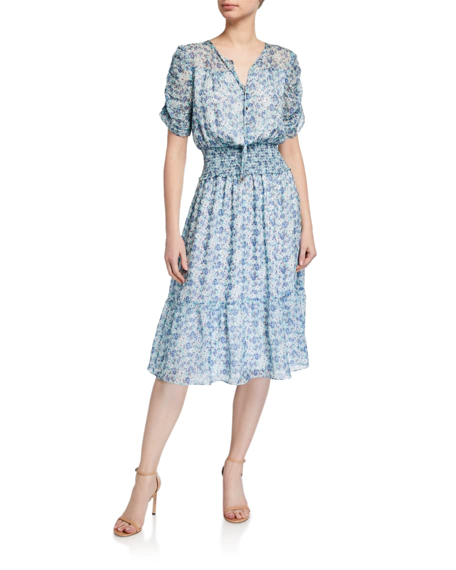 Shoshanna Lifa Floral Print Smocked-Waist Midi Dress | Neiman Marcus