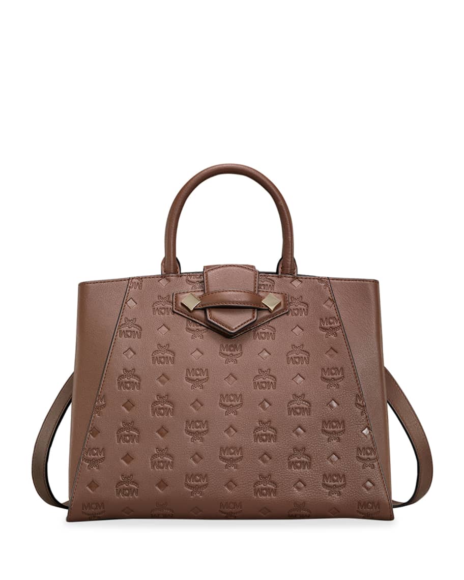 Mcm essential monogrammed leather top handle bag sale