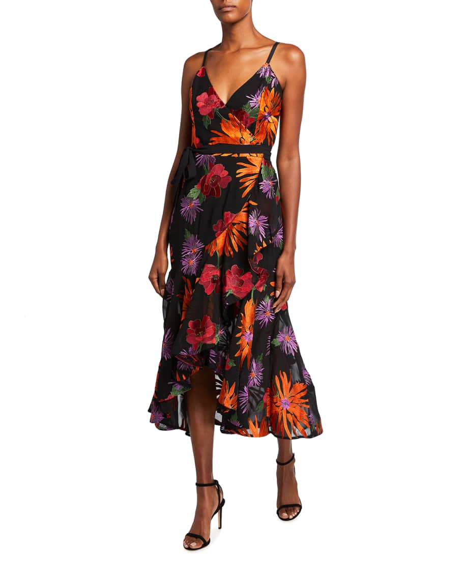 Dress The Population Salome Floral Embroidered Midi Wrap Dress | Neiman ...