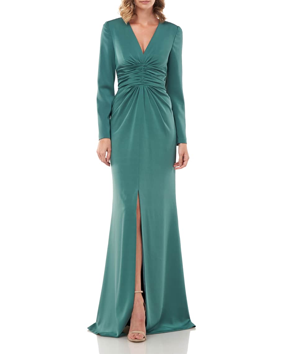 Kay Unger New York Kayla V-Neck Ruched Stretch Faille Gown | Neiman Marcus